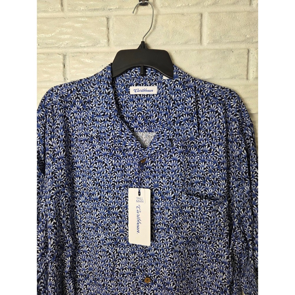 NWT Men's size XLT Tall button up shirt Leaves Rayon Caribbean Blue White